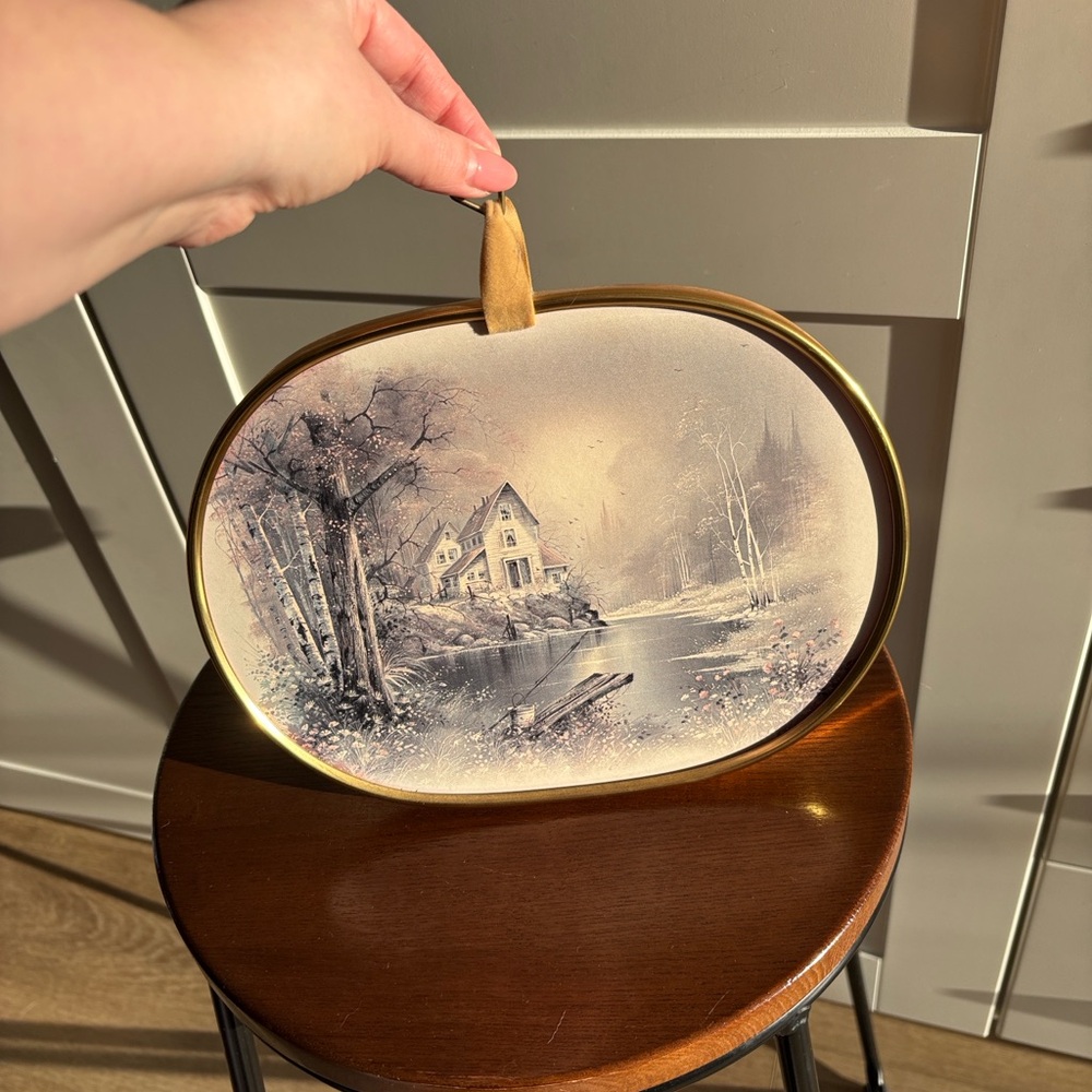 Vintage Oval Wall Art with House Scene